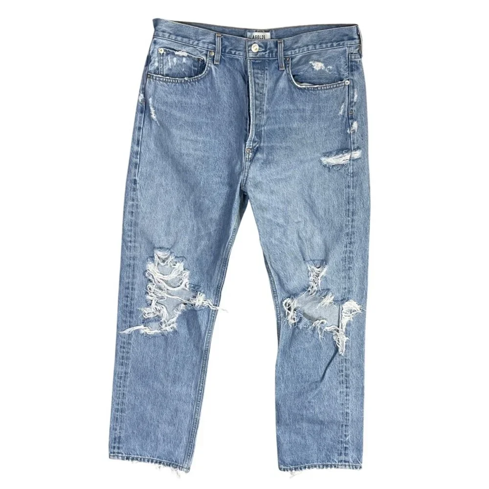 Agolde 90's Mid-Rise Straight Destroyed Size 30 Light Wash Button Fly